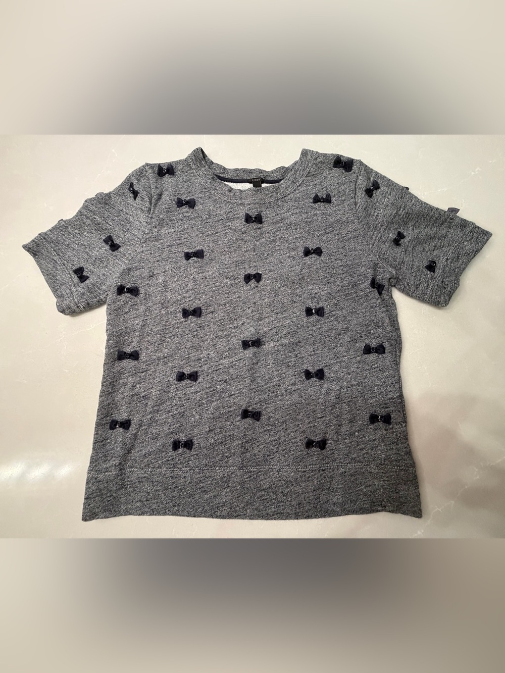 J. Crew Heather Gray Knit Sweater Tee with Navy Bow Jewel Accents, L